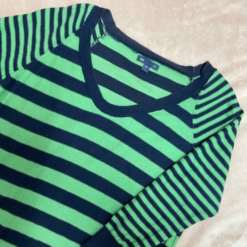 Gap - Striped V-Neck Sweater - Size XS | Mint Green & Navy Blue Stripes